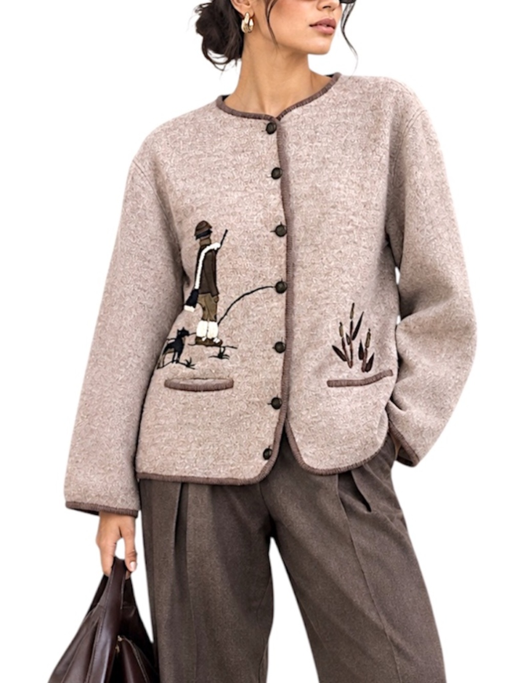 VTG 90s pure boiled wool taupe brown embodied boxy cottagecore cardigan M